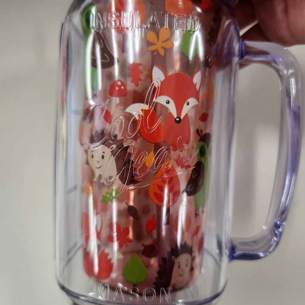 Cool Gear Plastic Mason Jar Fox Forest  Tumbler w/ Straw Insulated 16oz